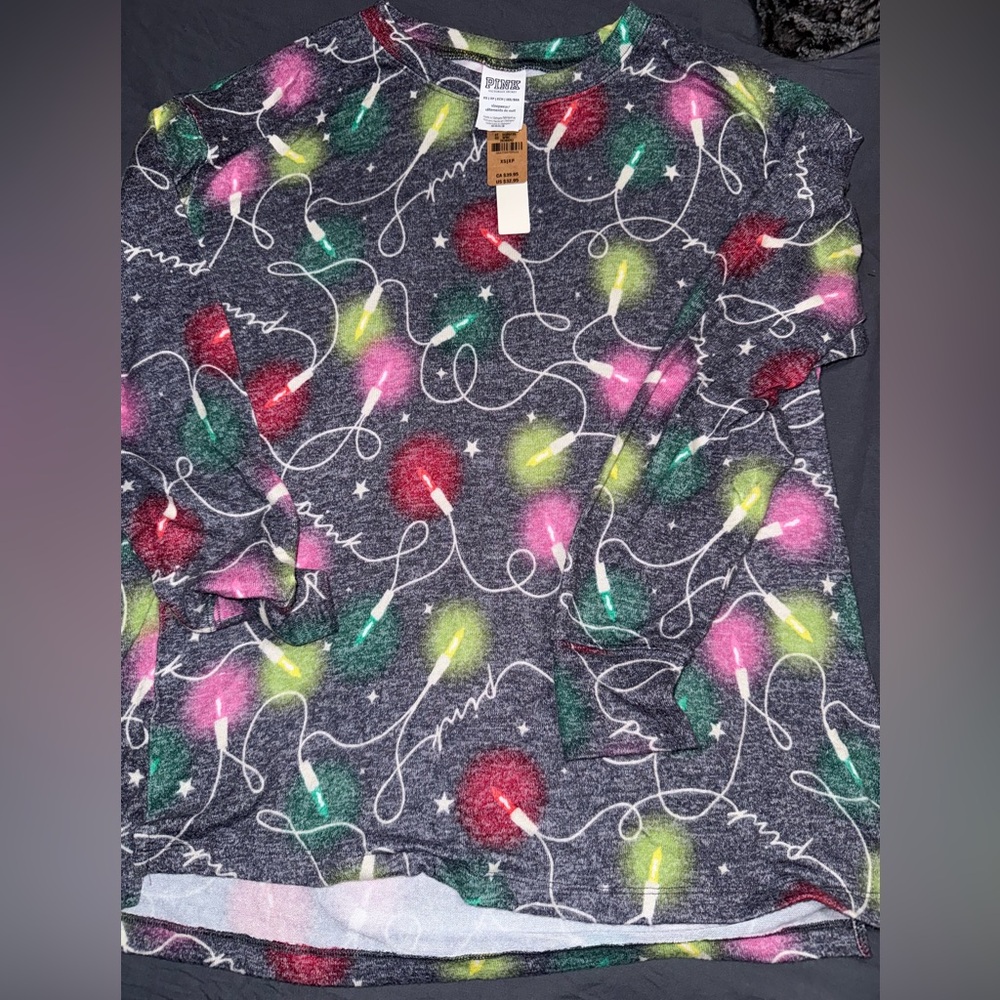 PINK Victoria's Secret Festive Christmas pajama top with Light Pattern